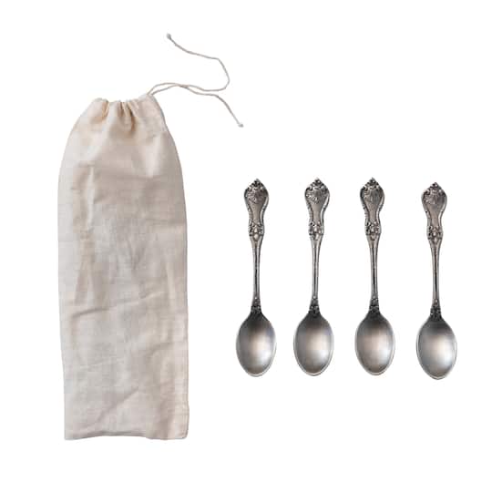 Hello Honey® Antique Silver Vintage Embossed Brass Spoons in Drawstring Bag